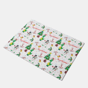 Christmas dinosaur and snowman doormat