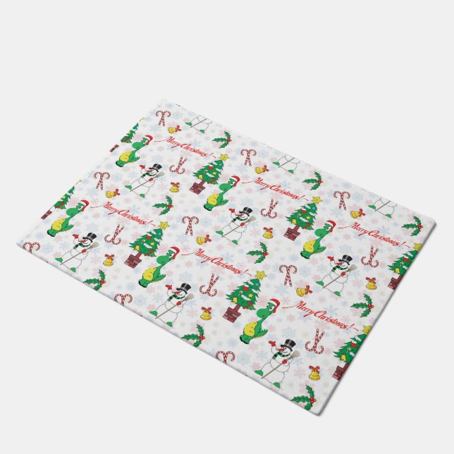 Christmas dinosaur and snowman doormat (Angled)