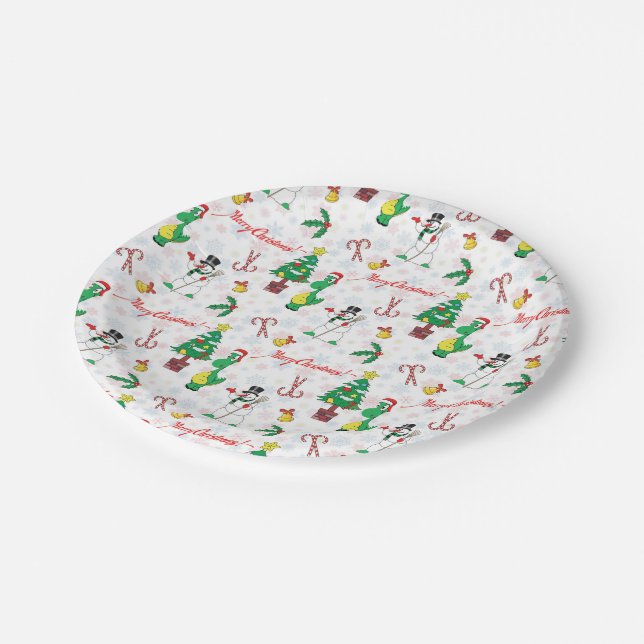 Christmas dinosaur and snowman paper plate (Angled)