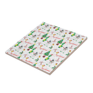 Christmas dinosaur and snowman tile