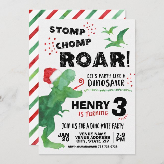 Christmas Dinosaur Birthday Invitation (Front/Back)