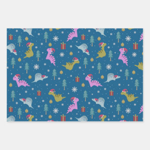 Christmas Dinosaur Blue Wrapping Paper Sheet