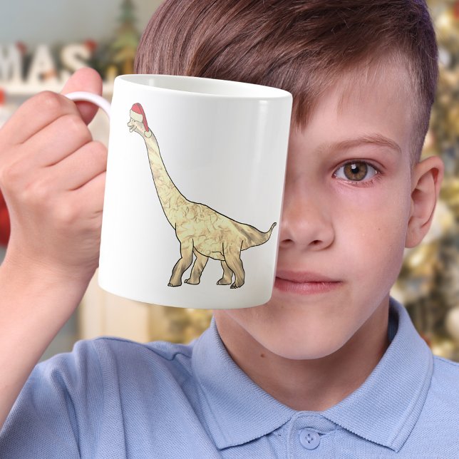 Christmas Dinosaur Brachiosaurus Funny Santa Hat Coffee Mug (Christmas dinosaur brachiosaurus holiday mug)