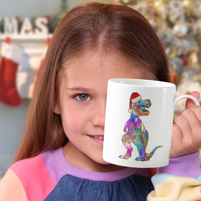 Christmas Dinosaur Colorful T-Rex Coffee Mug (Colorful Christmas dinosaur T-Rex wearing a Santa hat pink purple green dino for girls)