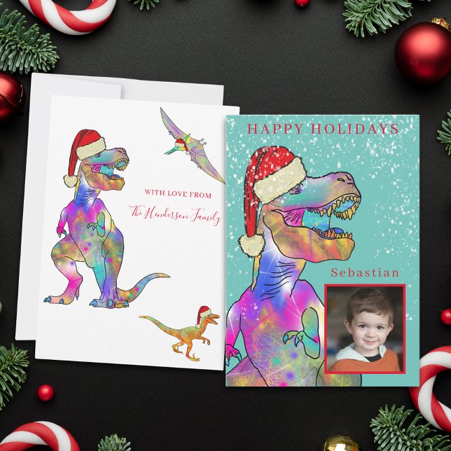 Christmas Dinosaur Custom Photo Holiday Card (Christmas dinosaur custom photo family holiday greetings card)