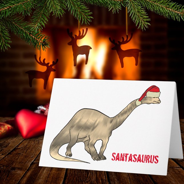 Christmas Dinosaur Cute Brontosaurus Santa Card (Christmas dinosaur santasaurus  cute brontosaurus wearing a Santa hat holiday greetings card )