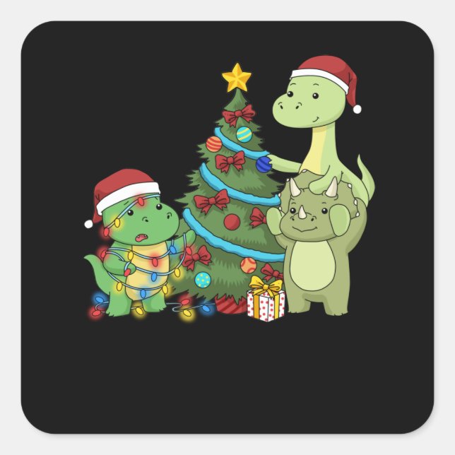 Christmas Dinosaur Kids Christmas Tree Dinosaur Square Sticker (Front)