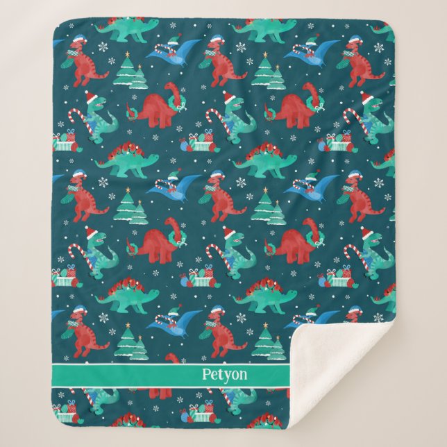 Christmas Dinosaur Kids Fun Holiday Personalised Sherpa Blanket (Front)