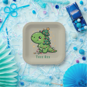 Christmas Dinosaur Light Party Funny Tree Rex Paper Plate