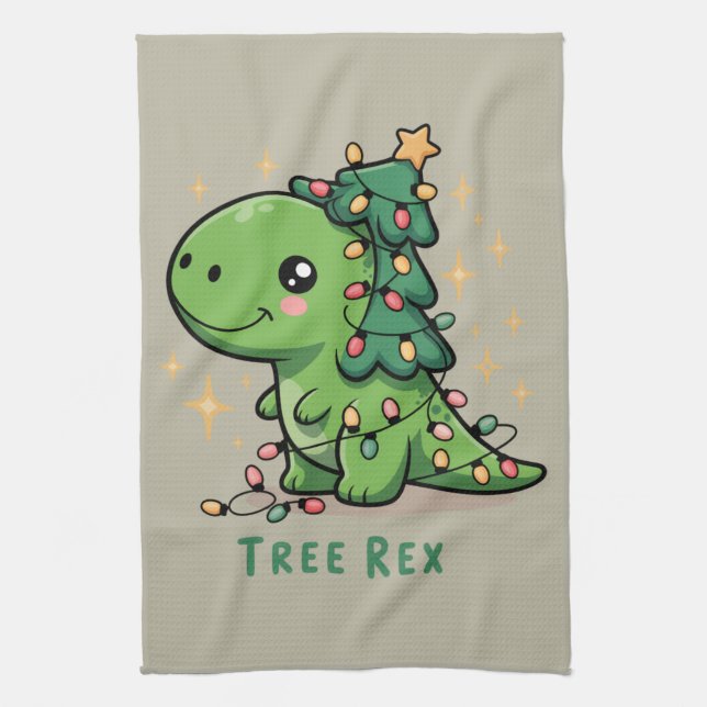 Christmas Dinosaur Light Party Funny Tree Rex  Tea Towel (Vertical)