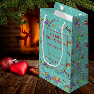Christmas Dinosaur Pattern Add Name Small Gift Bag