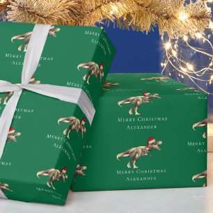 Christmas Dinosaur Personalised Boy Name Green Wrapping Paper