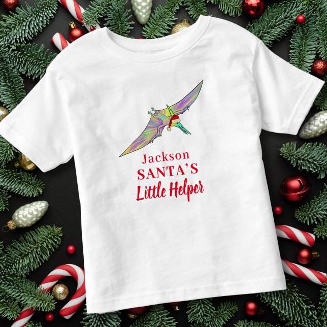 Christmas Dinosaur Personalised Boy Name Toddler T-Shirt (Christmas dinosaur personalized kid name Santas little helper quote Pterodactyl flying festive dino )
