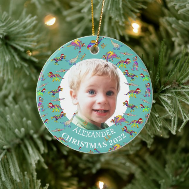 Christmas Dinosaur Personalised photo 2022 Ceramic Tree Decoration (Tree)