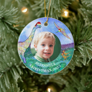 Christmas Dinosaur Personalised photo Ceramic Tree Decoration