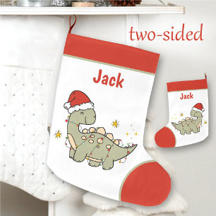 Christmas Dinosaur Santa Hat Name Kids two-sided Large Christmas Stocking