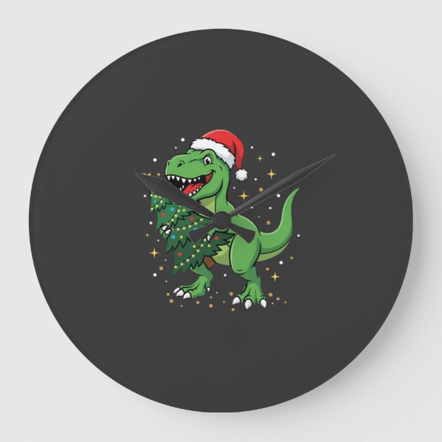 Christmas Dinosaur Santa T Rex Large Clock (Front)
