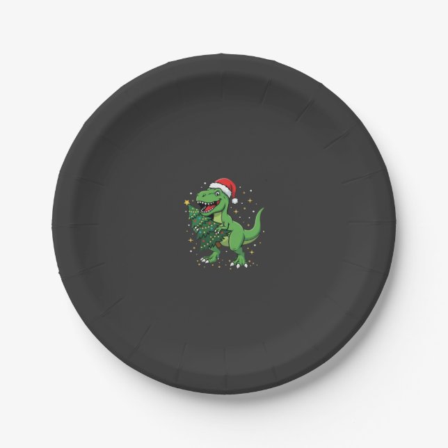 Christmas Dinosaur Santa T Rex Paper Plate (Front)