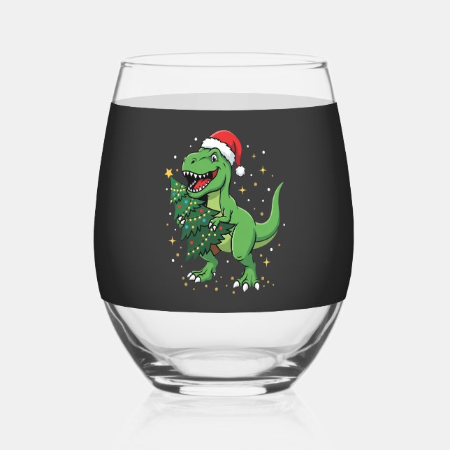 Christmas Dinosaur Santa T Rex Stemless Wine Glass (Front)