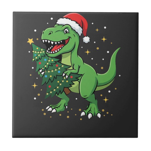 Christmas Dinosaur Santa T Rex Tile (Front)