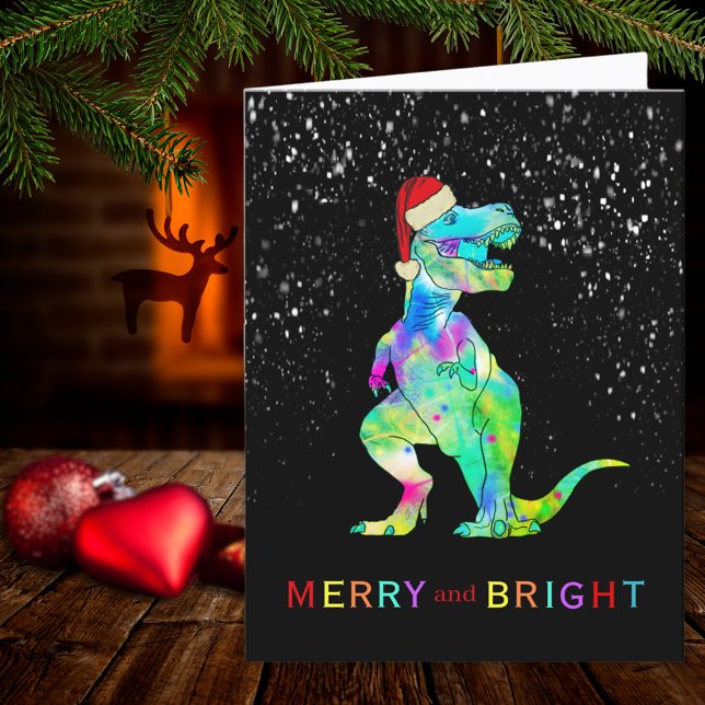 Christmas Dinosaur T-Rex Merry and Bright Holiday Card (Christmas dinosaur T-Rex merry and bright holiday greetings card)