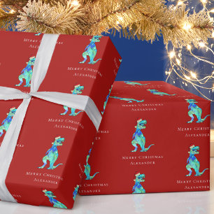 Christmas Dinosaur T-Rex Personalised Kids Red Wrapping Paper