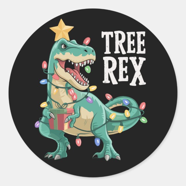 Christmas Dinosaur Tree Rex Pyjamas Xmas Lights  Classic Round Sticker (Front)