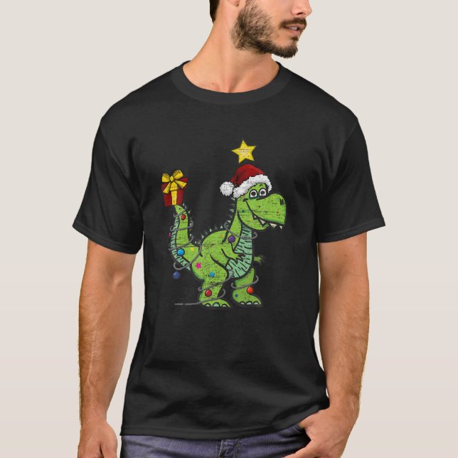 Christmas Dinosaur With Lights Funny Boys Kids Xma T-Shirt (Front)