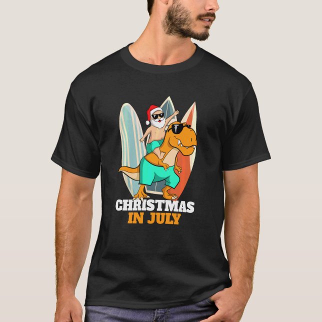 Christmas Dinosaur Xmas In July Sunglasses Santa I T-Shirt (Front)