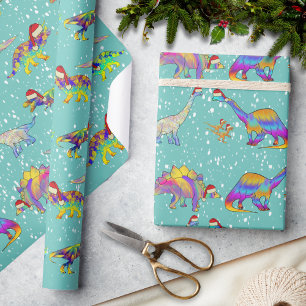 Christmas Dinosaurs in Santa Hats Wrapping Paper