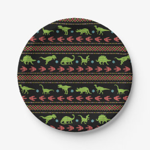 Christmas Dinosaurs Knit Embroidered Fair Isle Paper Plate