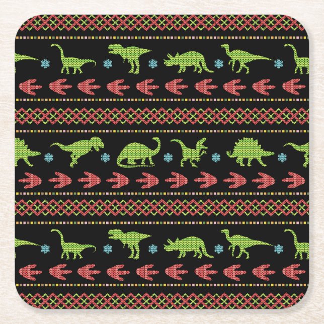 Christmas Dinosaurs Knit Embroidered Fair Isle Square Paper Coaster (Front)