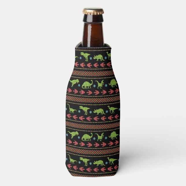 Christmas Dinosaurs Knit Embroidered Monogrammed Bottle Cooler (Bottle Front)