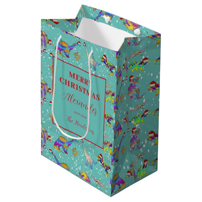 Christmas Dinosaurs Personalised Medium Gift Bag (Front Angled)