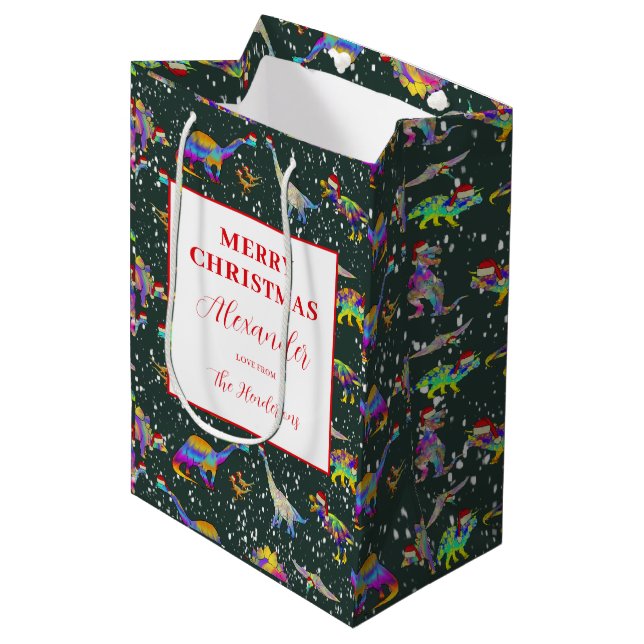 Christmas Dinosaurs Personalised Medium Gift Bag (Front Angled)