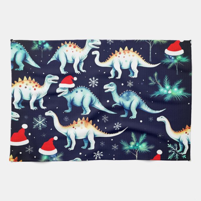 Christmas Dinosaurs  Tea Towel (Horizontal)