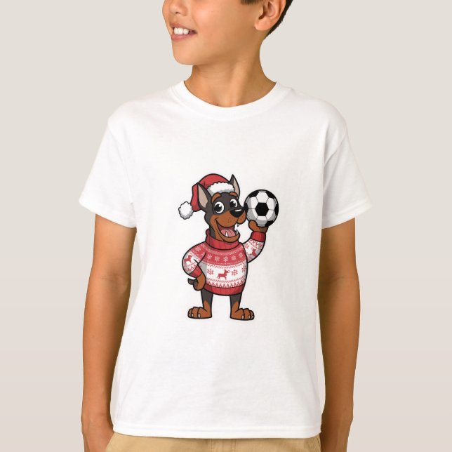 Christmas Doberman puppy with soccer ball T-Shirt (Front)