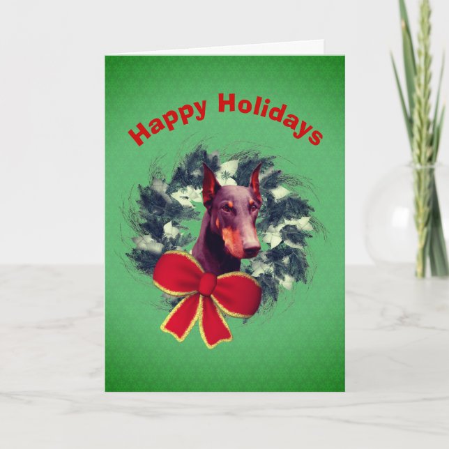 Christmas Doberman Wreath Bow Holiday Card (Front)