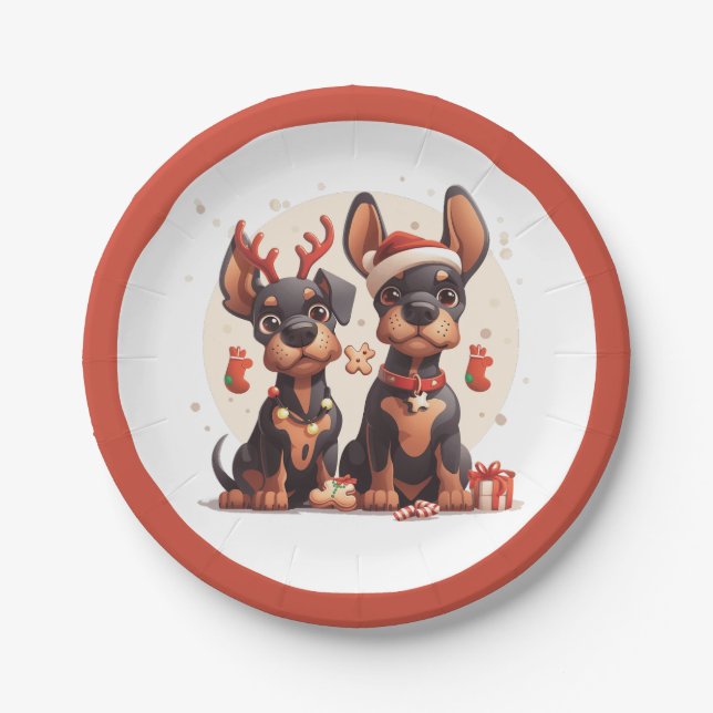 Christmas Dobermann Dogs Paper Plate (Front)