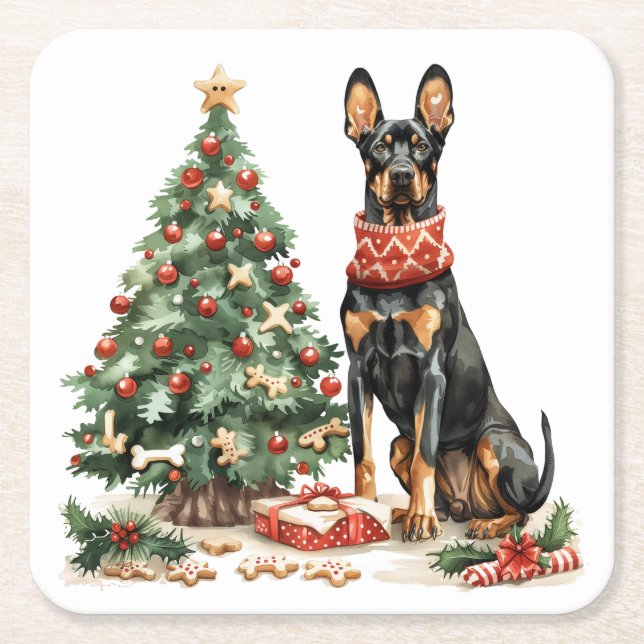 Christmas Dobermann Dogs Square Paper Coaster (Front)