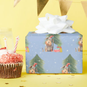 Christmas Dog and Pine Tree In Snowflakes Wrapping Paper