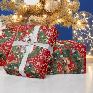 Christmas Dog Avatar On Red Snowflake Background Wrapping Paper
