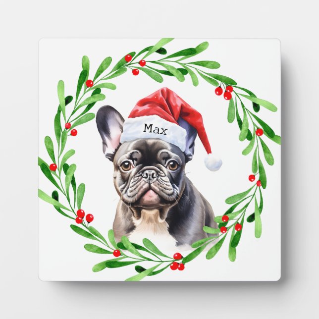 Christmas Dog Black Frenchie French Bulldog Santa Plaque (Front)