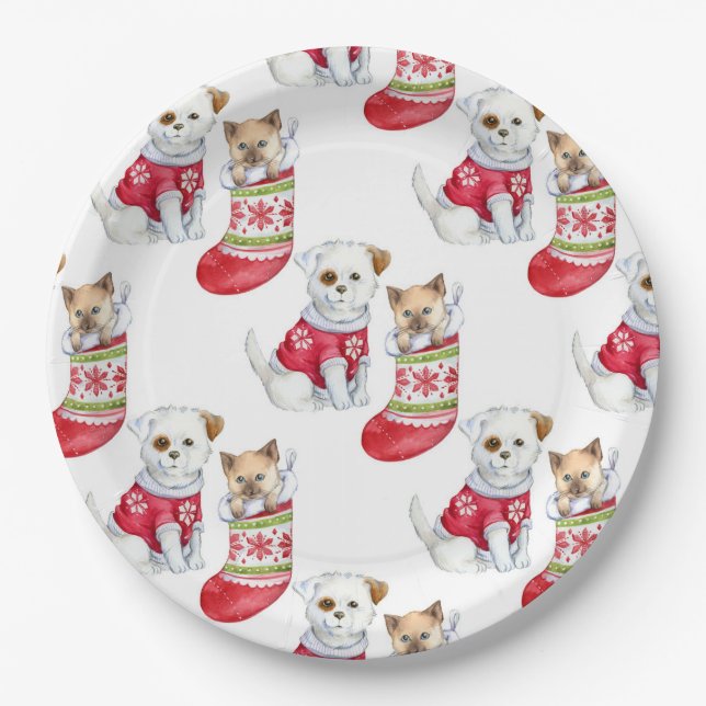 Christmas Dog & Cat Paper Plate (Front)