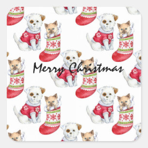 Christmas Dog & Cat Stockings Square Sticker