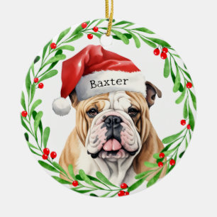 Christmas Dog English Bulldog Breed Santa Holiday Ceramic Tree Decoration