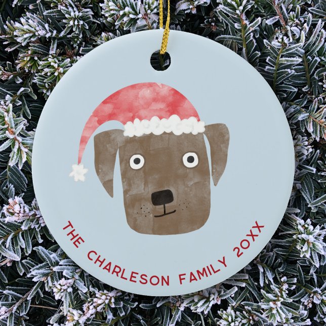 Christmas Dog Family Name Date Ceramic Tree Decoration (Chocolate Brown Labrador Retriever Dog family name date personalized Christmas ceramic ornament)