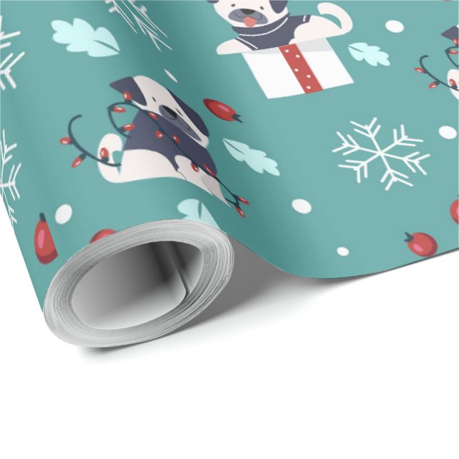 Christmas Dog Gifts and Snowflakes  Wrapping Paper (Roll Corner)