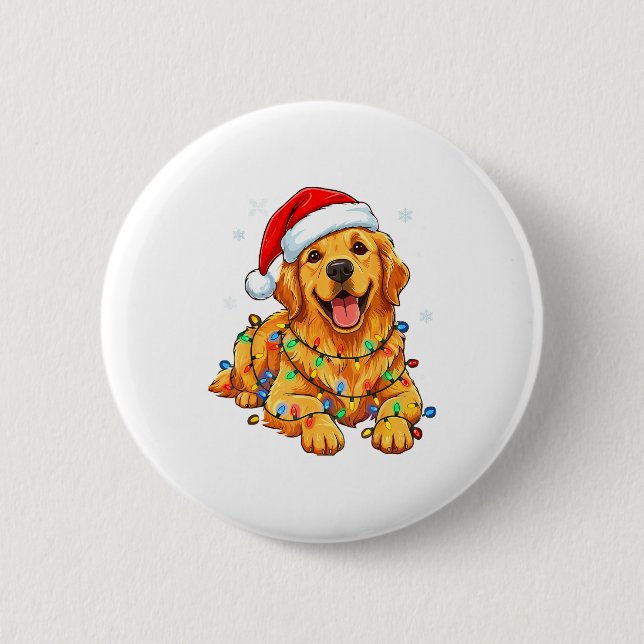 Christmas Dog Golden Retriever Lights Xmas  6 Cm Round Badge (Front)