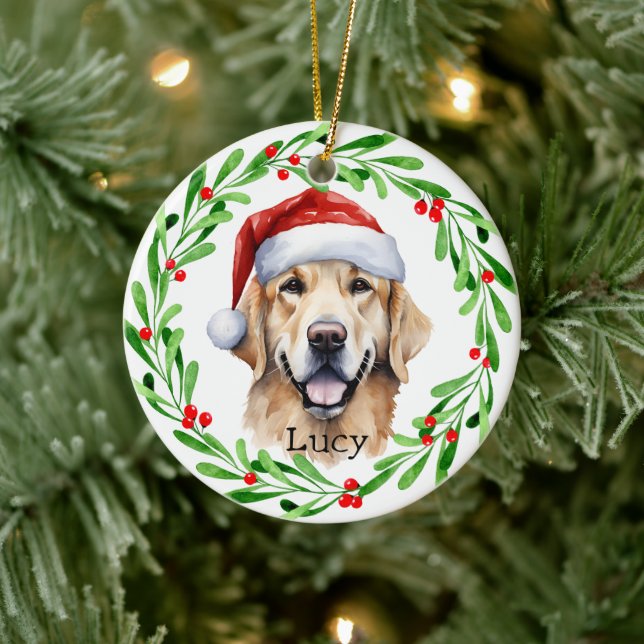 Christmas Dog Golden Retriever Santa Holiday Ceramic Tree Decoration (Tree)